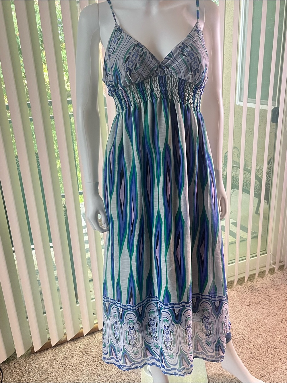 She's Cool Blue & Green Wave-Print Spaghetti-Strap Midi Dress